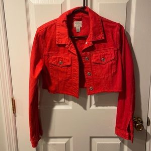 Cropped Red Denim Jacket